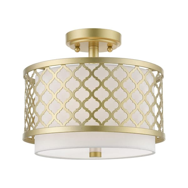 AVIANCE LIGHTING Amalfi 12 in. 2-Light Soft Gold Semi Flush Mount with Off-White Fabric Shade