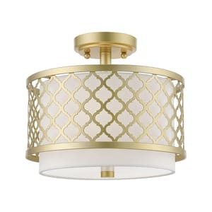 Arabesque 11.875 in. 2-Light Soft Gold Semi-Flush Mount with Off-White Fabric Shade