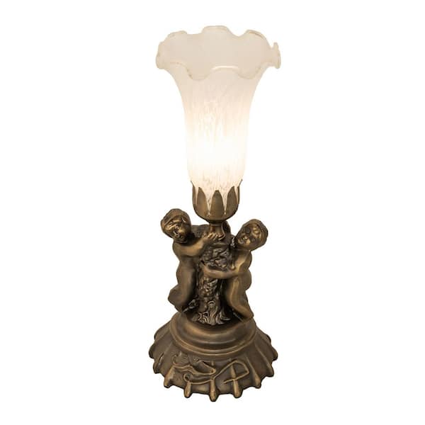 MEYDA Pond Lily 13 in. Antique Brass Novelty Victorian CherubTable Lamp with White Glass Shade
