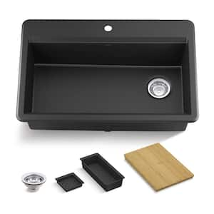 Lassen 33 in. Drop-in/Undermount Single Bowl Granite Composite Kitchen Workstation Sink in Matte Black with Accessories