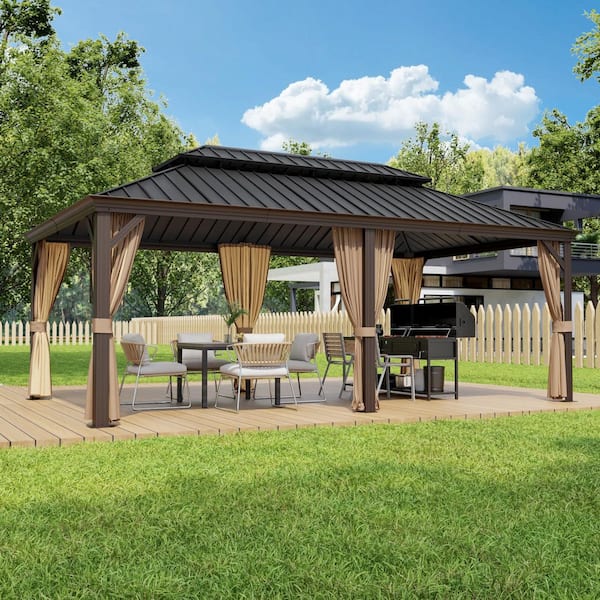 12 ft. x 20 ft. Outdoor Patio Aluminum Frame Gazebo with Double Hardtop Steel Roof, Mosquito Net and Curtains