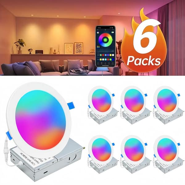 6 in. Smart RGBW Color Changing Integrated LED Canless Recessed Light for Kitchen/Bathroom/Livingroom Dimmable (6-Pack)