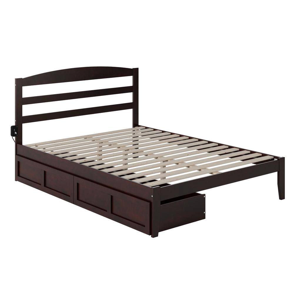 Espresso Queen-Sized Wood Frame Upholstered Platform Bed with Storage