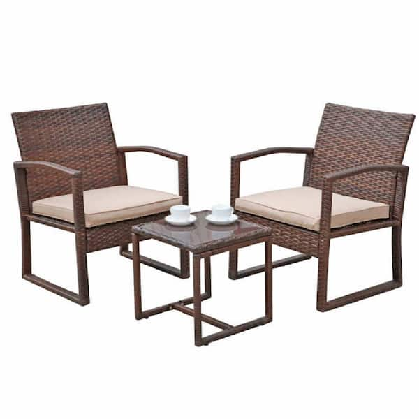 3-Piece Wicker Outdoor Patio Bistro Set with Brown Cushion