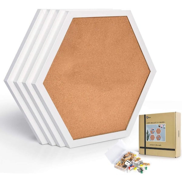13.5 x 11 Hexagon White Cork Bulletin Board Tiles Small Framed Decorative Display Boards for Home Office School 4-Pack