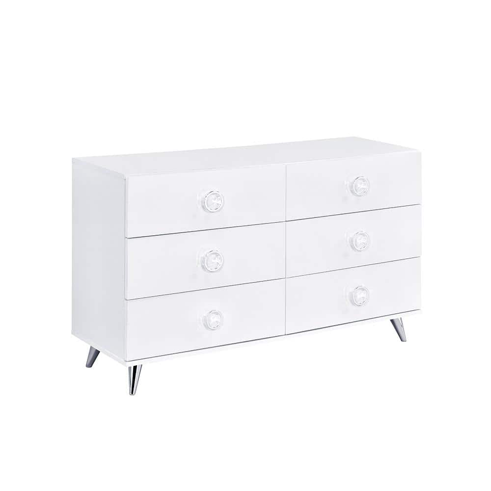 Perse White 6-Drawer Modern Dresser with Chrome Accents