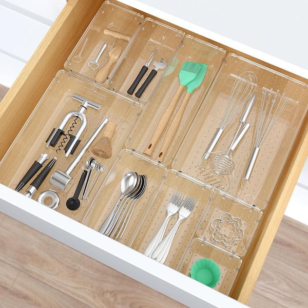 Clear 28-Pieces Plastic Drawer Organizers Set, 4 Size Desk Drawer Trays for Makeup, Jewelry, Kitchen Utensils, Office