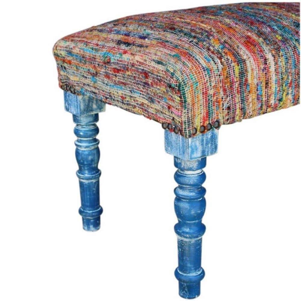 Colorful Chindi 47" Bench with Storage and Blue Legs