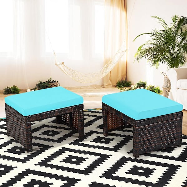 2-Piece Patio Rattan Ottoman Cushioned Seat Foot Rest Furniture in Turquoise