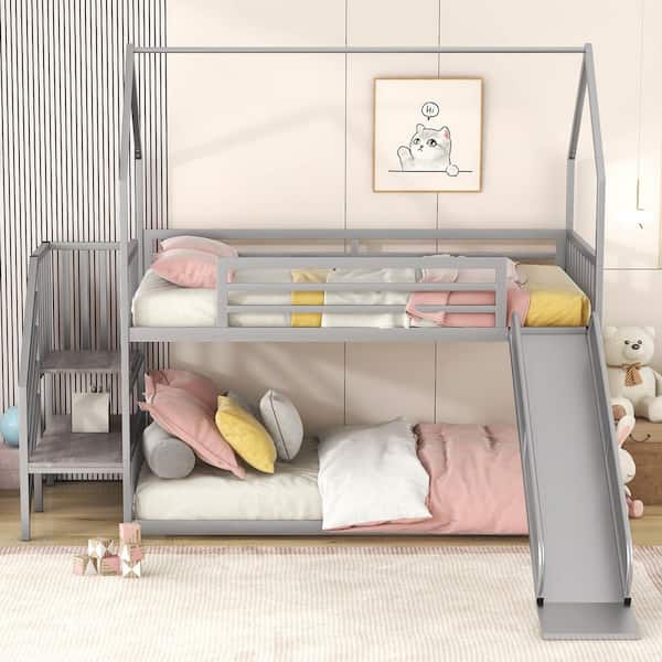 House Silver Twin Metal Bunk Bed with Slide and Staircase