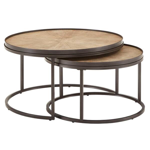 Oak Medium Round Wood Coffee Table Set, Round Oak Coffee Table Nest