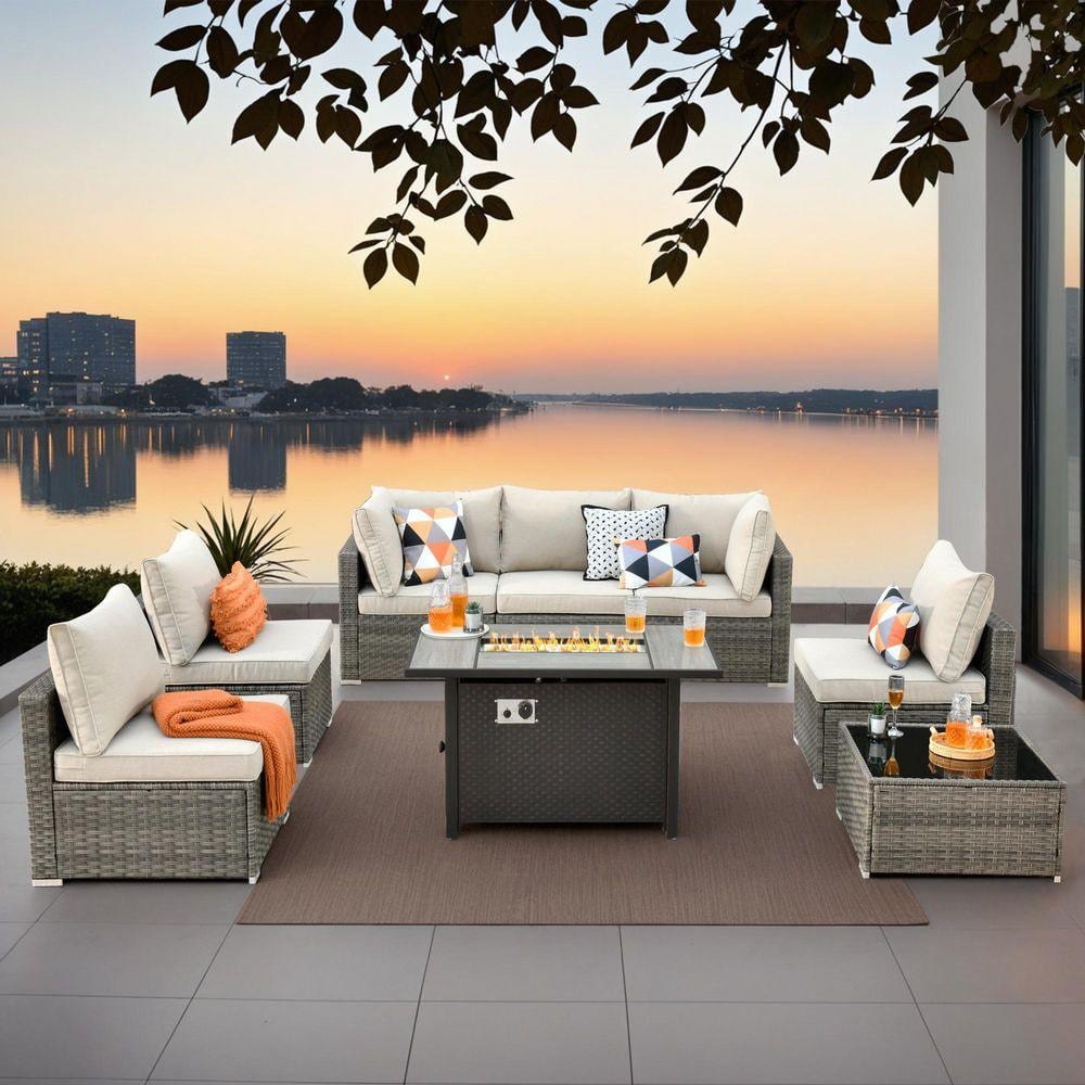 Sanibel Gray 8-Piece Wicker Patio Conversation Sofa Sectional Set with a Metal Fire Pit and Beige Cushions