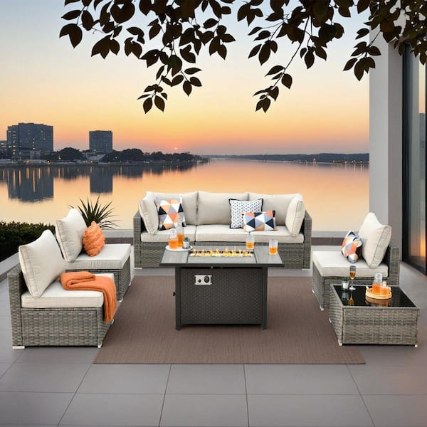 Sanibel Gray 8-Piece Wicker Patio Conversation Sofa Sectional Set with a Metal Fire Pit and Beige Cushions
