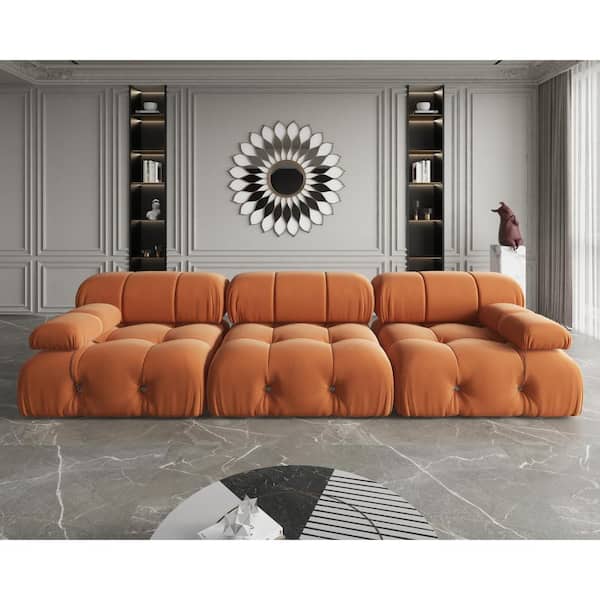 J&E Home 103.95 in. W Square Arm Velvet Rectangle 3-Seater Free Combination Sofa in Orange