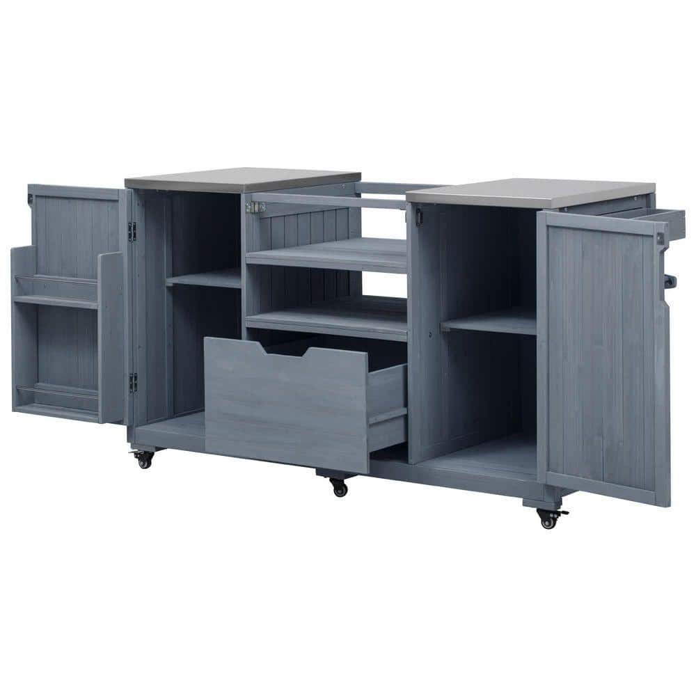 Outdoor 227 Gal. 66.5 in. Gray Blue Kitchen Island for Big Green Egg Grills with Stainless Steel Top Deck Box