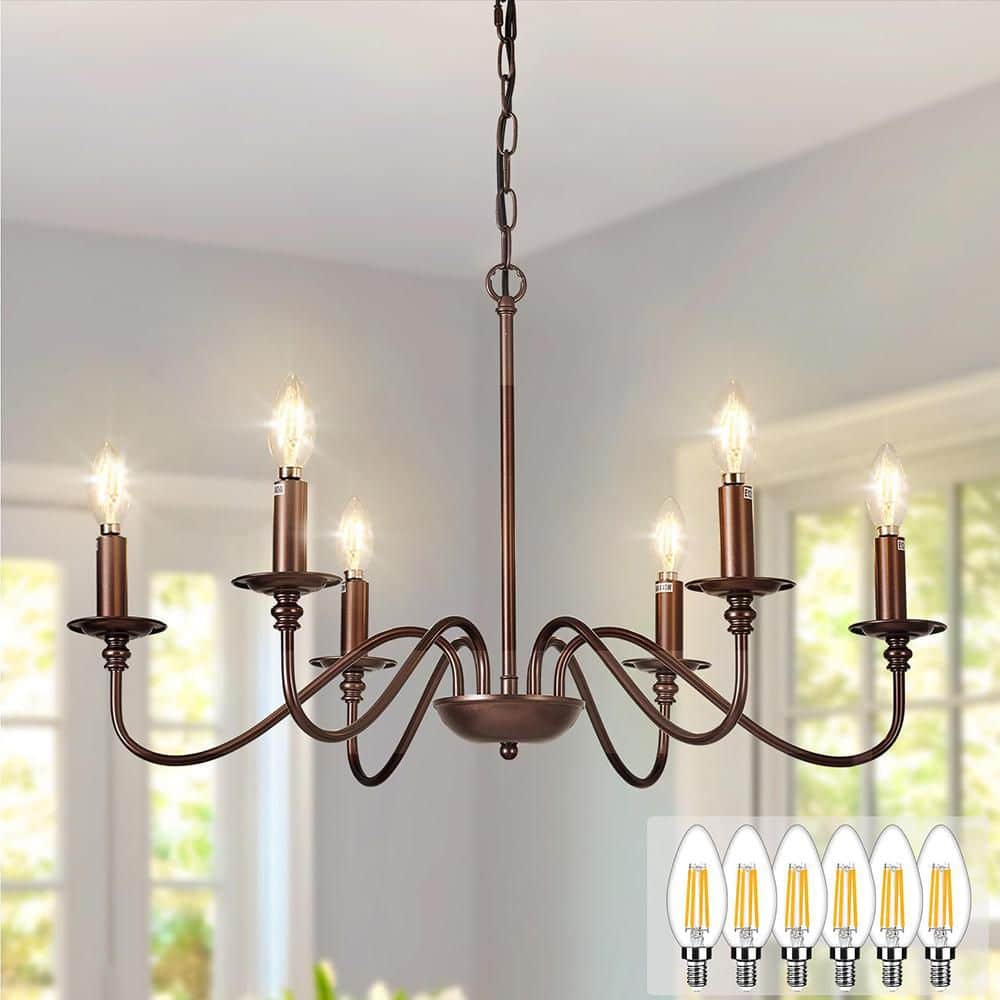 6-Light Brown Industrial Farmhouse Chandelier for Dining Room with