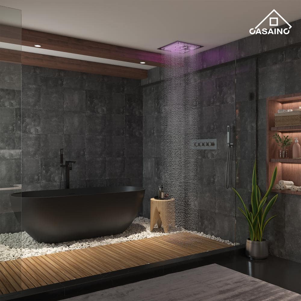 Brushed Nickel Dual Head LED Ceiling Mounted Rain Shower System