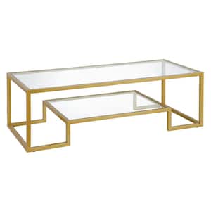 Athena 54 in. Brass Rectangle Glass Top Coffee Table with Shelves