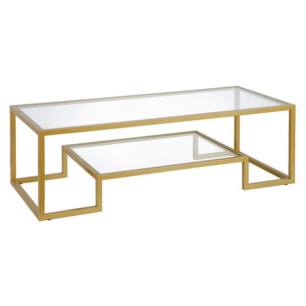 Meyer&Cross Athena 54 in. Brass Rectangle Glass Top Coffee Table with Shelves