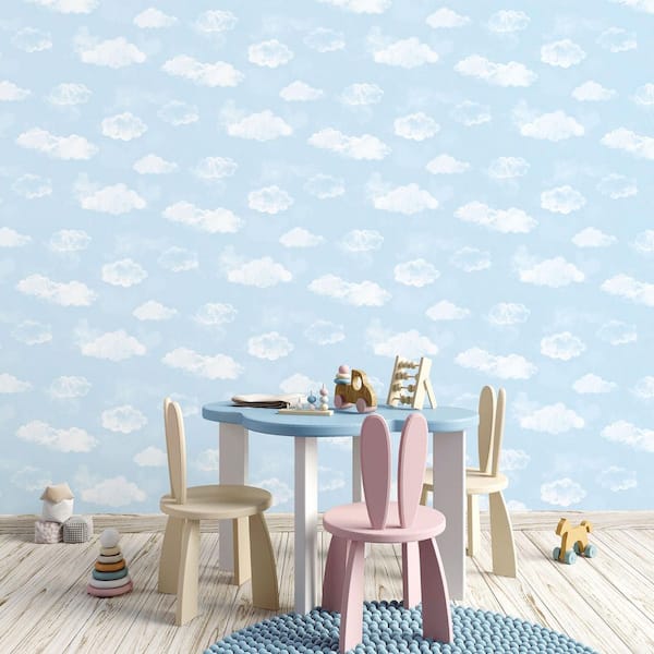Tiny Tots 2-Collection Sky Blue/White Matte Clouds Design Paper Non-Pasted  Non-Woven Wallpaper Roll