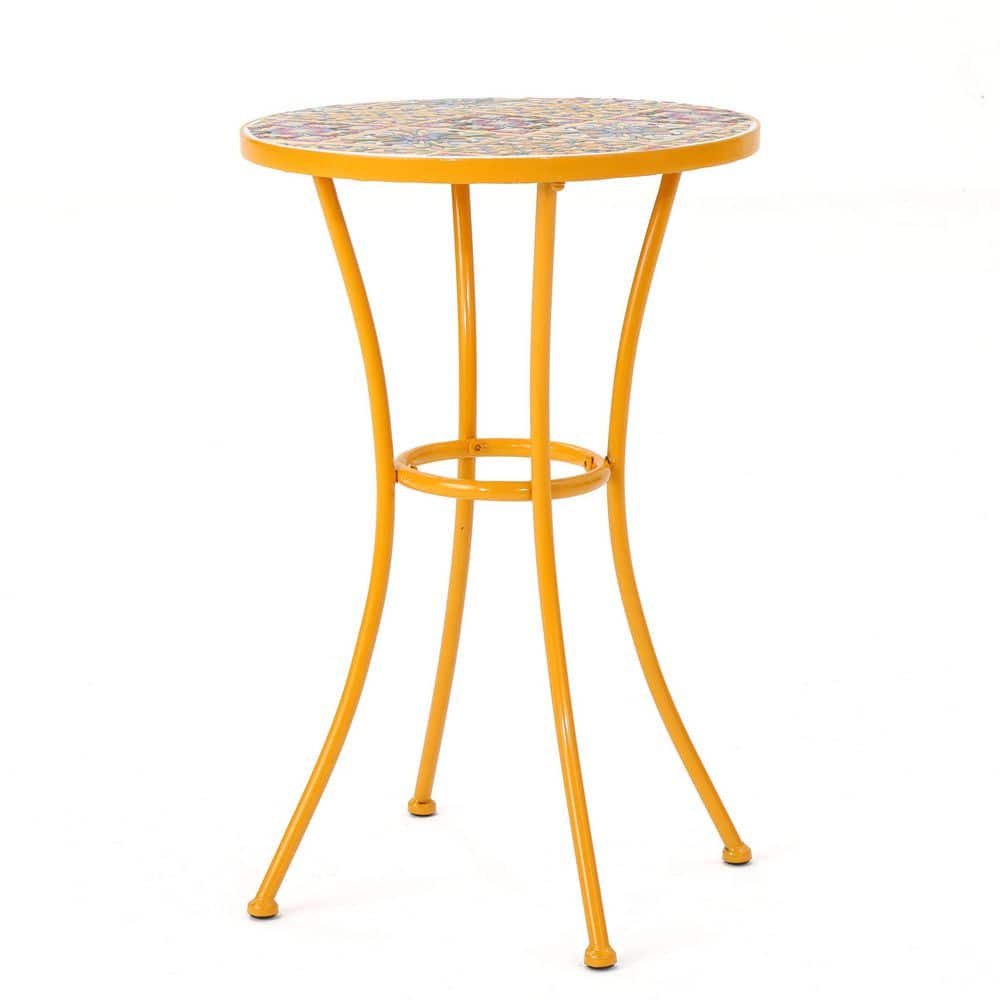 Yellow Metal Outdoor Side Table End Table with Bright Flower-Based Tile