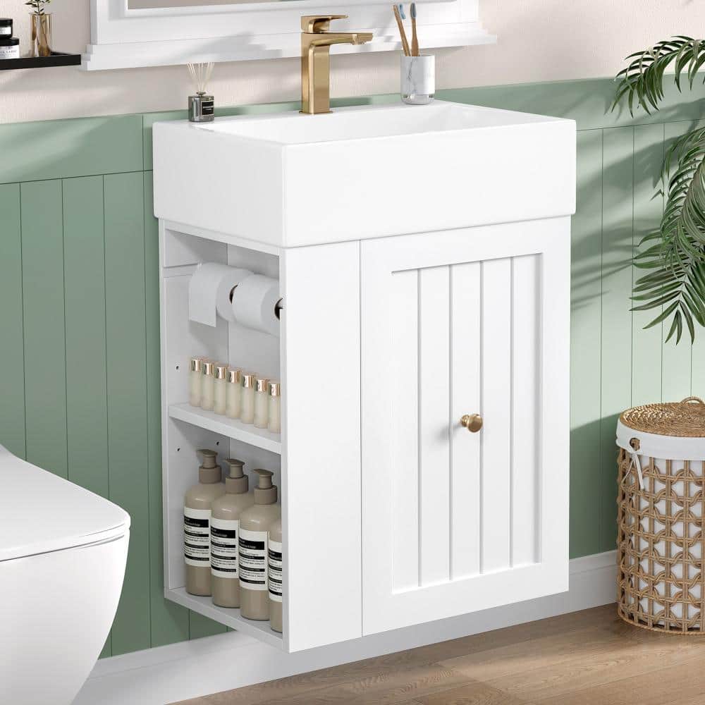 20 in.Single Sink White Wall-mounted Bath Vanity,White Ceramic Top,Slide Drawer,Adjustable Open Shelf,Paper Holder price history on PriceWatchPro