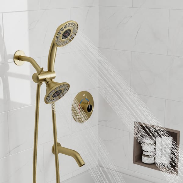 YAWWALK Single Handle 3-Spray Tub and Shower Faucet 2.5 GPM Temperature Display Shower Head in Brushed Gold (Valve Included)