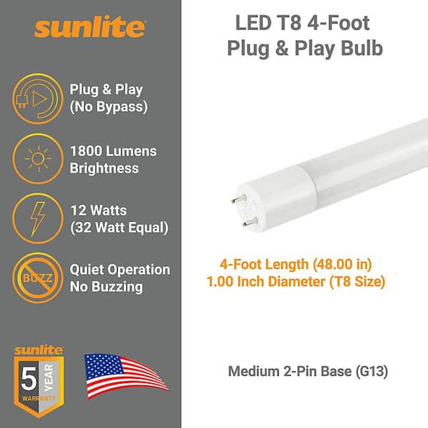 modtage vælge velstand Sunlite 12-Watt 4 ft. Linear T8 LED UL Listed G13 Base Tube Light Bulb in  Daylight 5000K (25-Pack) HD02762-25 - The Home Depot