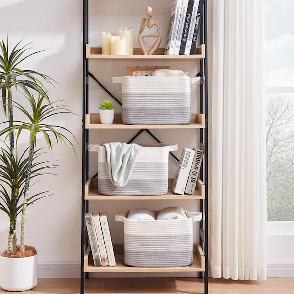 Unbranded Gray 13 in. x 8.7 in. Cotton Decorative Basket with Handles Set of 3