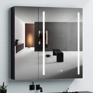 30 in. W x 30 in. H Black Aluminium Surface Mount Bathroom Medicine Cabinet with Mirror and LED Light Glass Shelves