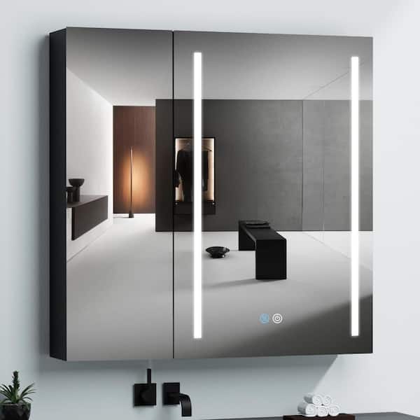 FORCLOVER 30 in. W x 30 in. H Black Aluminium Surface Mount Bathroom Medicine Cabinet with Mirror and LED Light Glass Shelves
