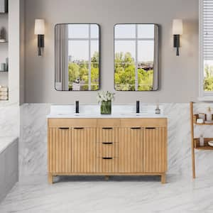 Palos 60 in. W x 22 in. D x 33.9 in. H Double Sink Bath Vanity in Fir Wood Brown with White GRain Stone Top