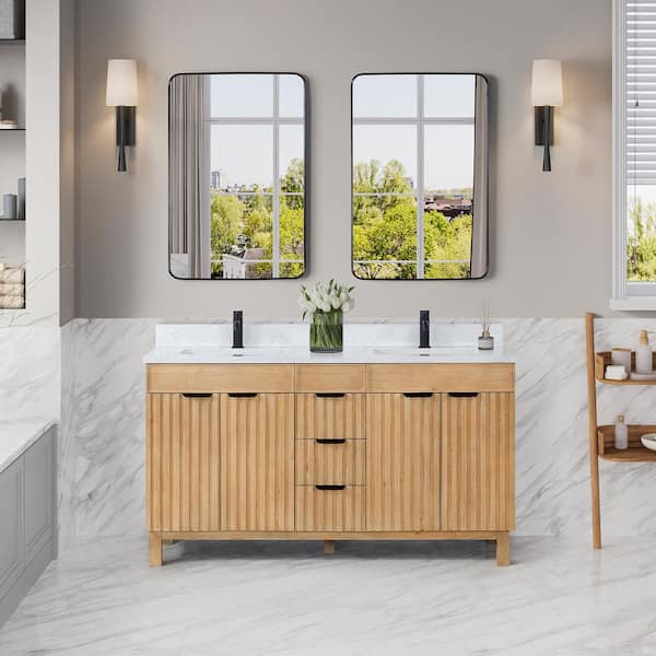 ROSWELL Palos 60 in. W x 22 in. D x 33.9 in. H Double Sink Bath Vanity in Fir Wood Brown with White GRain Stone Top