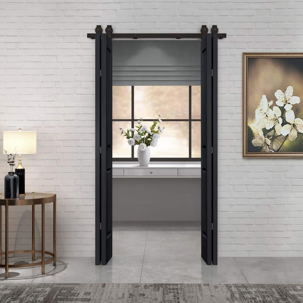 Black MDF Composite Double Bi-Fold Barn Doors with Installation Hardware Kit