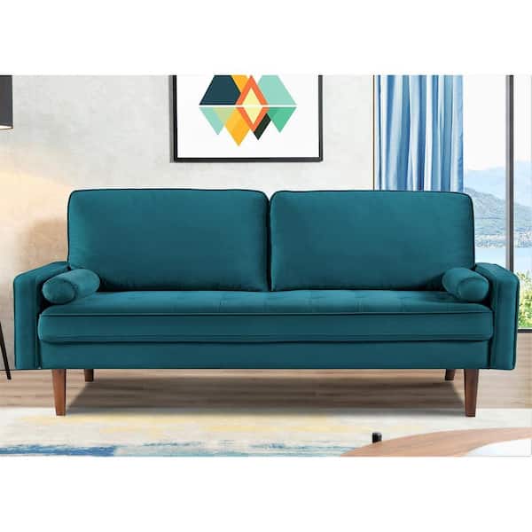 US Pride Furniture Monahan 70 in. Square Arm Velvet Rectangle Mid-Century Modern Button Tufted Sofa in Greenish Blue