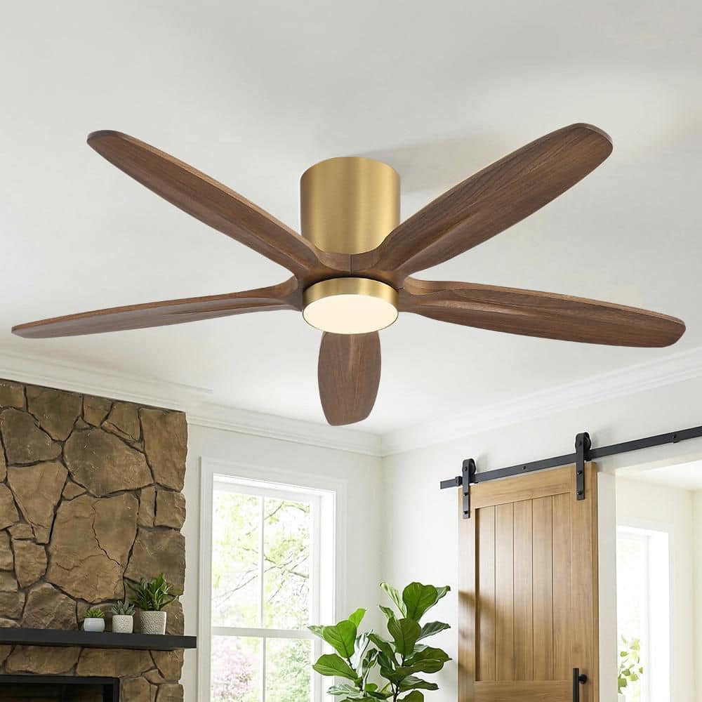 54 in. 5-Solid Wood Dried Rose Color Blades Indoor Standard Gold Ceiling Fan Flush Mount with Remote Integrated LED price history on PriceWatchPro