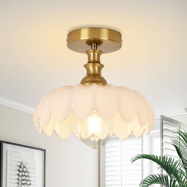 Essel 10.23 in. 1-Light White Modern Mid-Century Semi-Flush Mount with Flower Glass Shade, No Bulbs Included