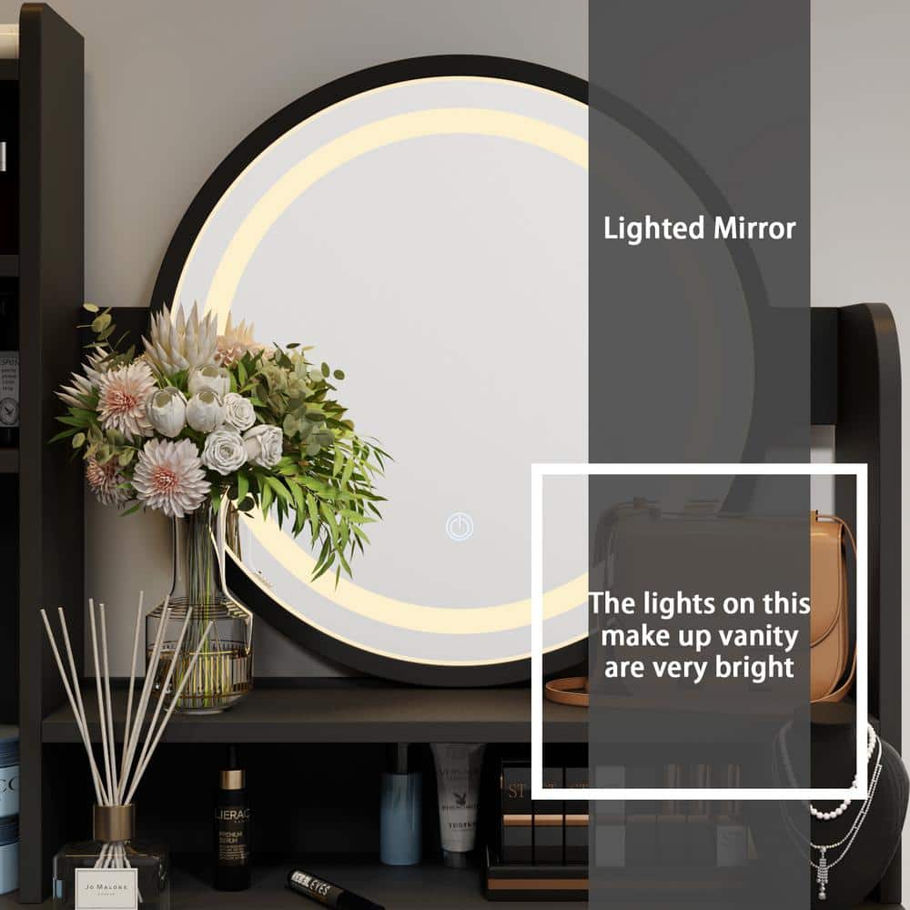 5-Drawers White Wood Makeup Vanity Set Dressing Desk W/ Stool, LED Round Mirror and Storage Shelves 52x 31.5x 15.7 in. - thumbnail 6