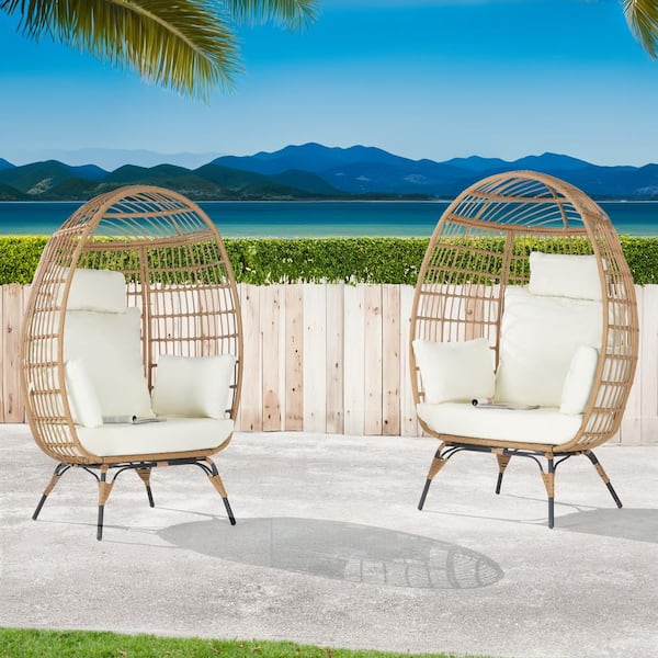 BFB 2 -Pieces Outdoor Oversized Brown Rattan Egg Chair Indoor Outdoor Chair