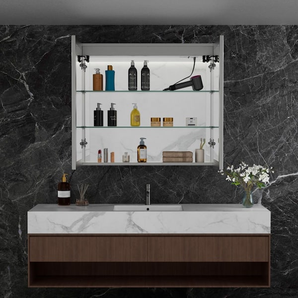 36 in. W x 32 in. H Rectangular Aluminum Medicine Cabinet with Mirror, Dimmable Light, Anti-Fog, Adjustable Shelves