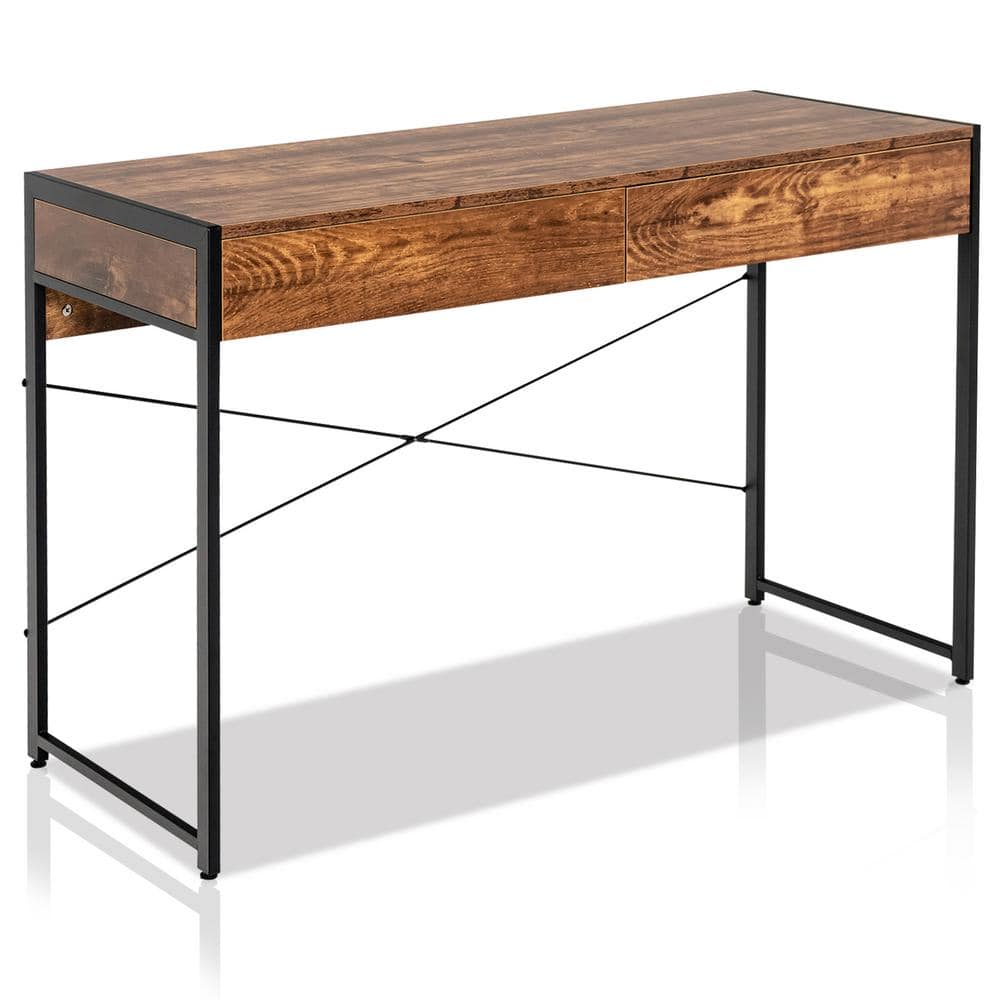 Costway 44 in. Rectangular Brown Metal/Wood 2 Drawer Computer Desk P12I ...