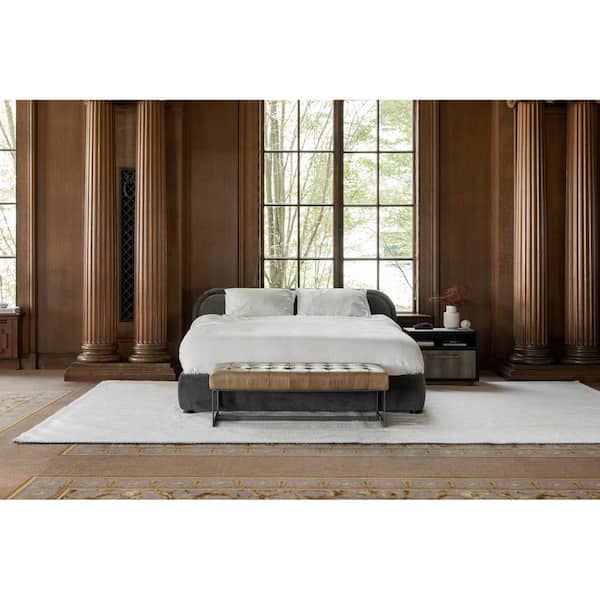 Zoey Tan 54 in. Leather Bench with Iron Base and Eucalyptus Wood Frame