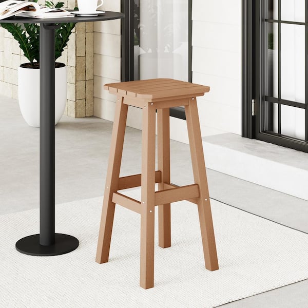 Laguna 29 in. HDPE Plastic All Weather Backless Square Seat Bar Height Outdoor Bar Stool in Teak