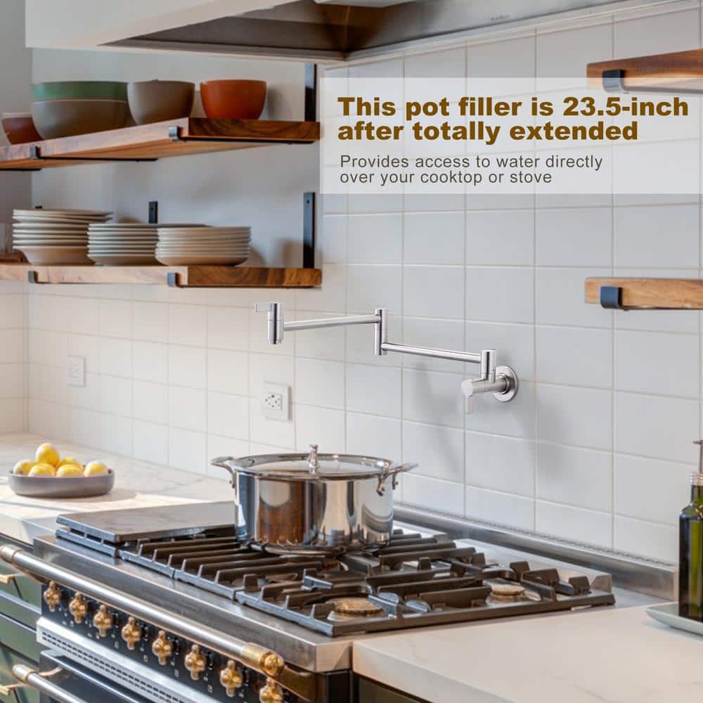 Brushed Nickel Wall Mount Double Handle Pot Filler Faucet