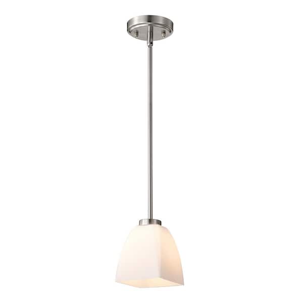 1-Light Brushed Nickel Mini Pendant Light with Pyramid Shaped Etched White Glass Shade, 4.9 in. Dia