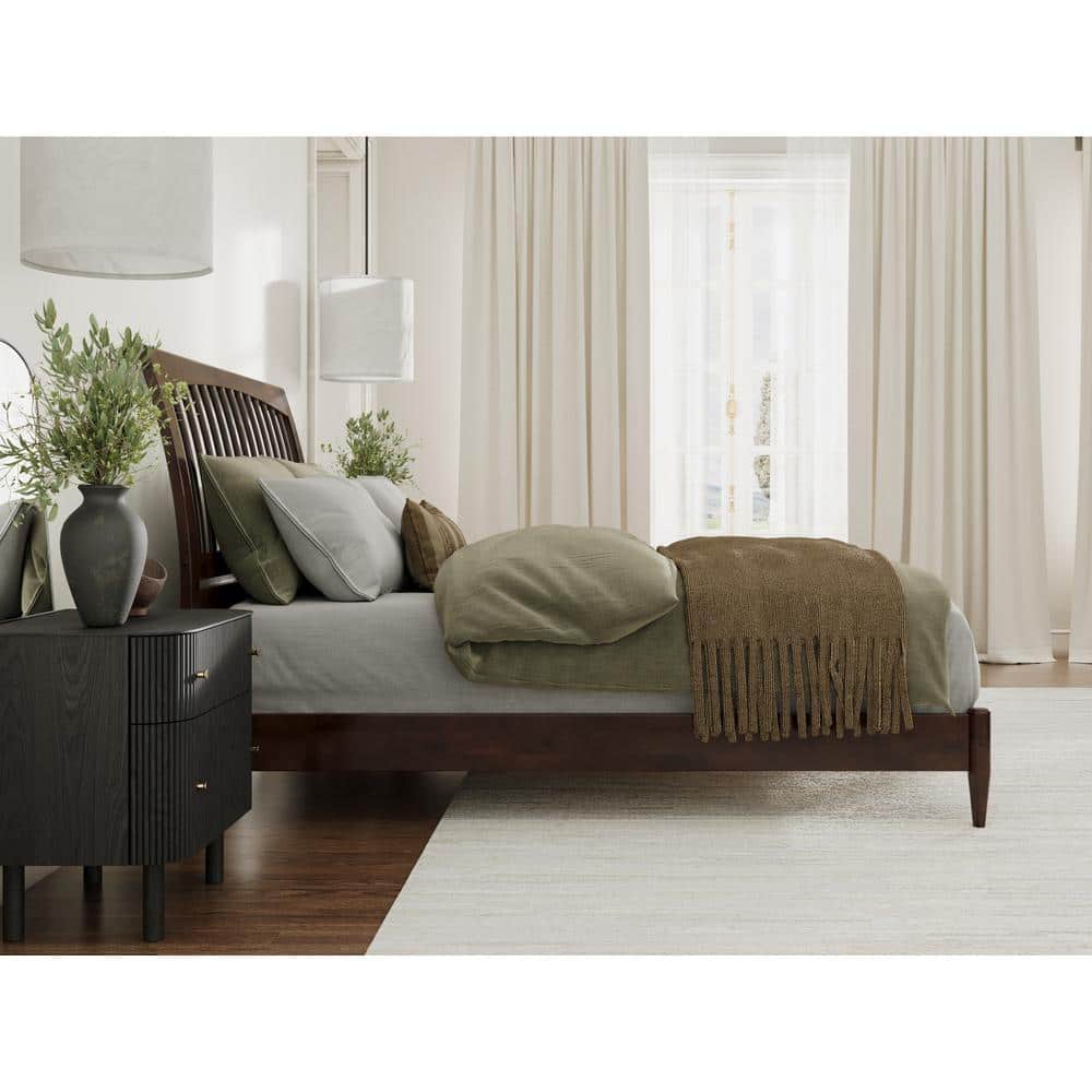 Orleans Queen Walnut Wood Low Profile Sleigh Platform Bed