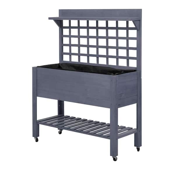 Sudzendf 41.25 in. Gray Wood Raised Garden Bed with Trellis on Wheels with Legs and Bed Liner, for Flowers, Herbs and Vegetables