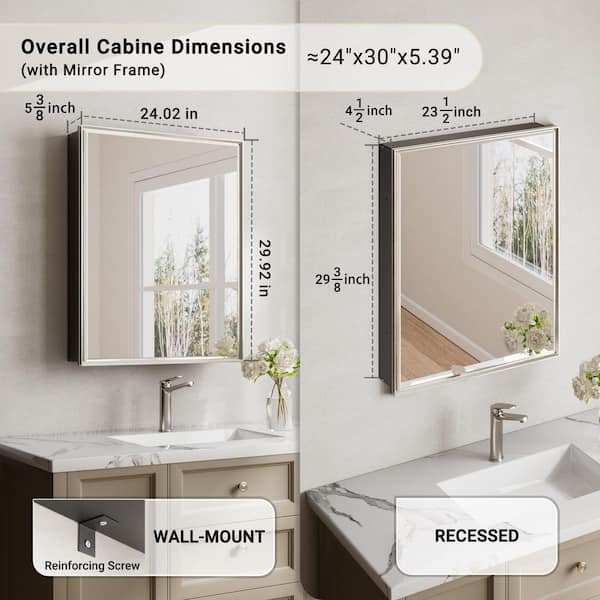 Musey 24 in. W x 30 in. H Brush Nickel Rectangular Aluminum Recessed/Surface Medicine Cabinet with Beveled Edge Mirror