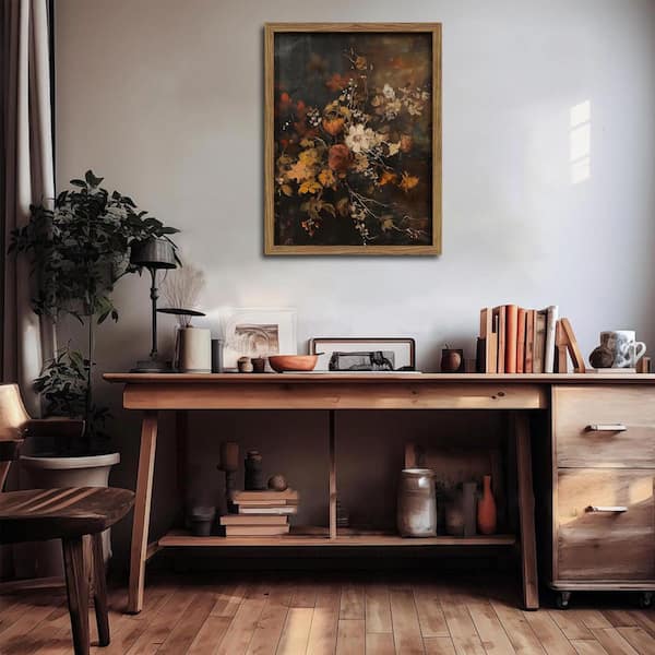 Wood Framed Vintage Floral Wall Art in Dark Moody Flower Wall