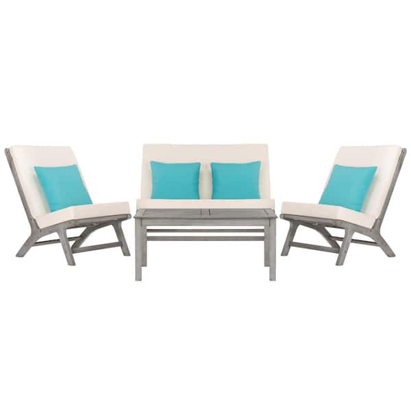 SAFAVIEH Chaston Grey Wash 4-Piece Wood Patio Conversation Set with White Cushions